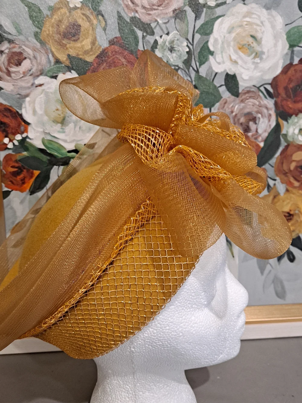 Deborah NY Vintage Wool Gold Fascinator Hat W/Bow Fishnet Mesh Derby High Tea